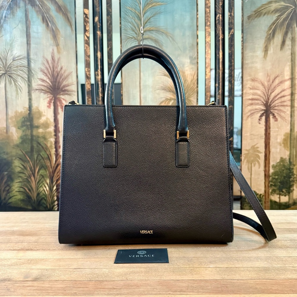 Versace Black Grained Calfskin Leather Virtus Satchel Top Handle Bag Tote Purse - Picture 4 of 15